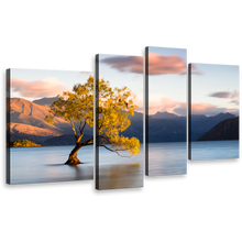 Load image into Gallery viewer, Mountain Lake Wall Art, Beautiful Blue Wanaka New Zealand 4 Piece Canvas Print, Yellow Alone Tree at Dawn Multiple Canvas
