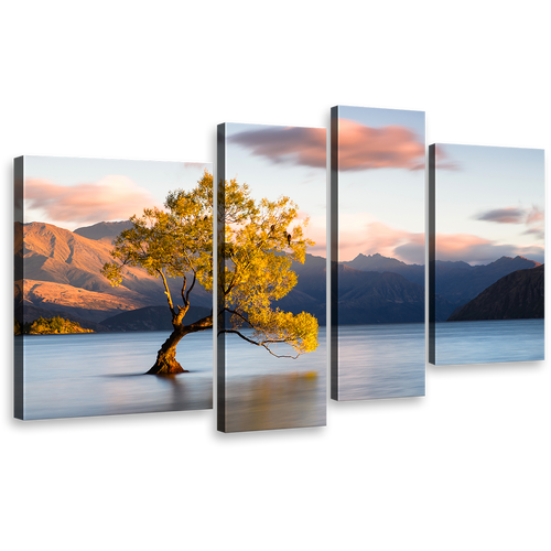 Mountain Lake Wall Art, Beautiful Blue Wanaka New Zealand 4 Piece Canvas Print, Yellow Alone Tree at Dawn Multiple Canvas