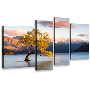 Mountain Lake Wall Art, Beautiful Blue Wanaka New Zealand 4 Piece Canvas Print, Yellow Alone Tree at Dawn Multiple Canvas