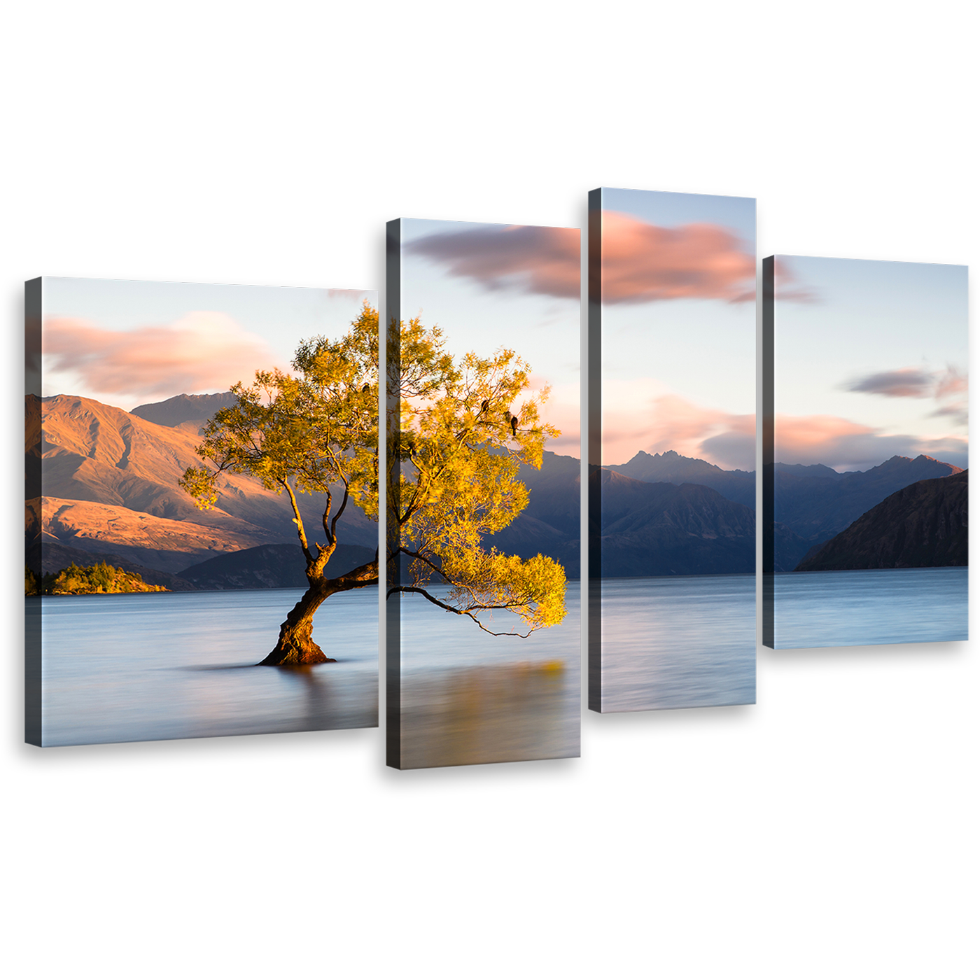 Mountain Lake Wall Art, Beautiful Blue Wanaka New Zealand 4 Piece Canvas Print, Yellow Alone Tree at Dawn Multiple Canvas