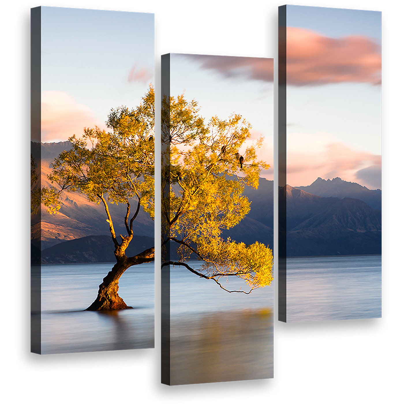 Mountain  Lake  Wall  Art  New  Zealand  Yellow  Alone  Tree  at  Dawn  Canvas  Set  Wanaka  Blue  Sky  Nature  3  Piece  Canvas  Print