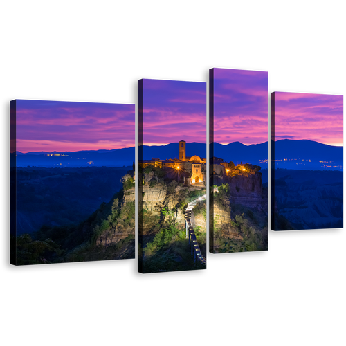 Mountain Landscape Canvas Print, Blue Purple Sky Mountain Sunrise 4 Piece Canvas Wall Art, Italy Civita di Bagnoregio Multiple Canvas