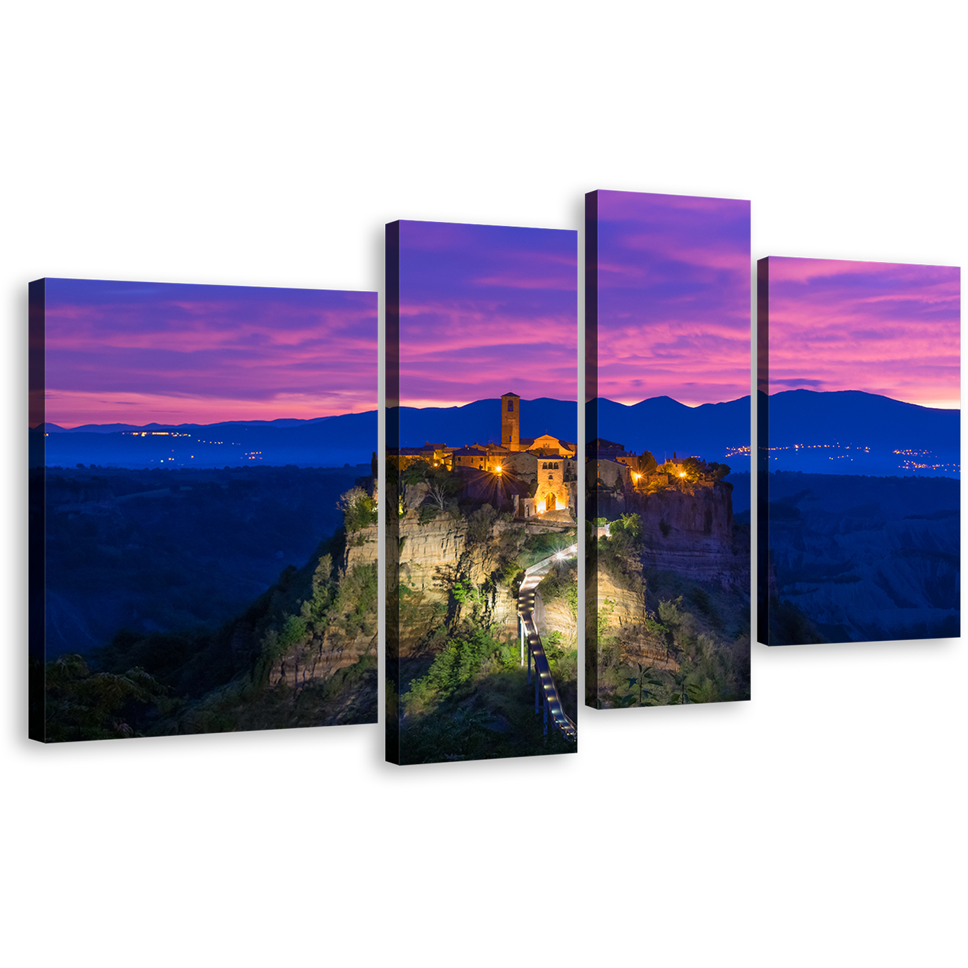 Mountain Landscape Canvas Print, Blue Purple Sky Mountain Sunrise 4 Piece Canvas Wall Art, Italy Civita di Bagnoregio Multiple Canvas