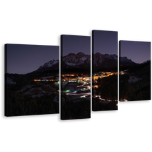 Load image into Gallery viewer, Mountain Landscape Canvas Wall Art, Yellow City Mountain Night Scene Canvas Print, Blue Sky illuminated Mountains 4 Piece Multiple Canvas
