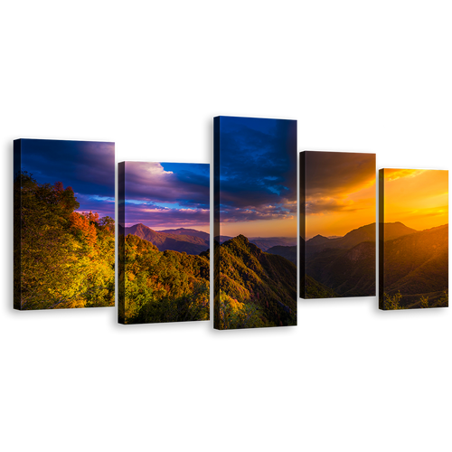 Mountain Landscape Wall Art, Beautiful Blue Orange Sky Multi Canvas, Sequoia National Park 5 Piece Canvas Print