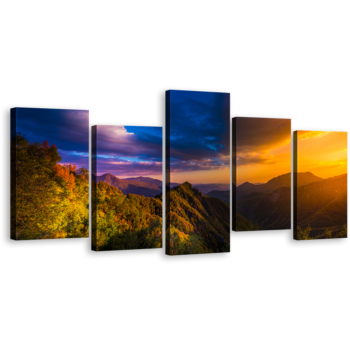 Mountain Landscape Wall Art, Beautiful Blue Orange Sky Multi Canvas, Sequoia National Park 5 Piece Canvas Print