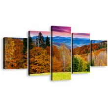 Load image into Gallery viewer, Mountain Landscape Wall Art, Orange Trees Nature Scenery Canvas Set, Dramatic Purple Sky Landscape 5 Piece Multi Canvas
