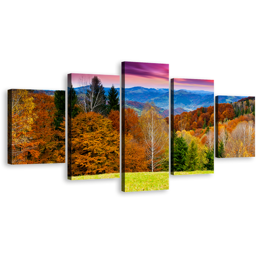 Mountain Landscape Wall Art, Orange Trees Nature Scenery Canvas Set, Dramatic Purple Sky Landscape 5 Piece Multi Canvas