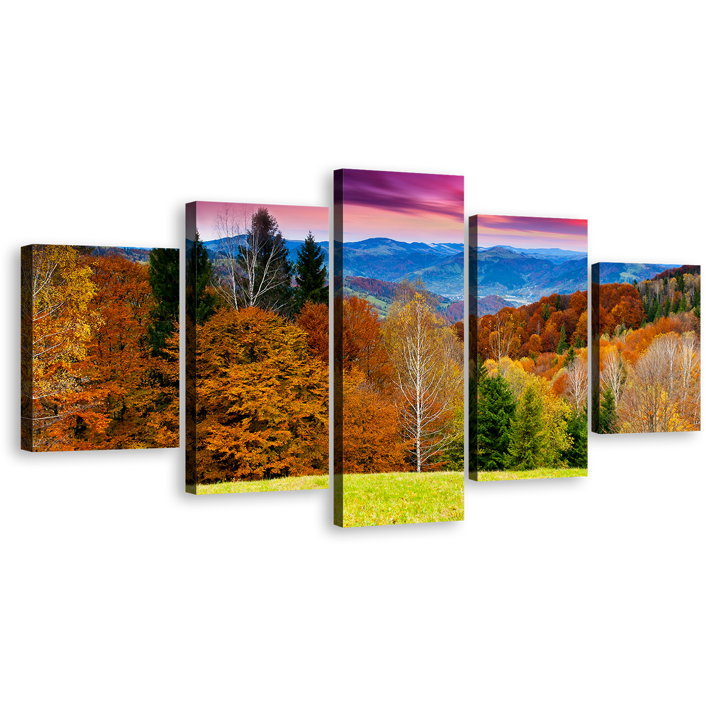 Mountain Landscape Wall Art, Orange Trees Nature Scenery Canvas Set, Dramatic Purple Sky Landscape 5 Piece Multi Canvas