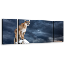 Load image into Gallery viewer, Mountain Lion Canvas Print, Cougar White Mountain Sky Triptych Canvas Set, Brown Puma Animal 3 Piece Canvas Wall Art
