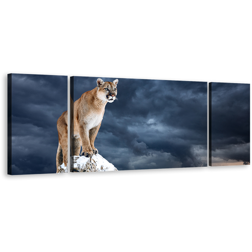 Mountain Lion Canvas Print, Cougar White Mountain Sky Triptych Canvas Set, Brown Puma Animal 3 Piece Canvas Wall Art