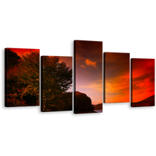 Load image into Gallery viewer, Mountain River Canvas Print, Green Trees Highlands Lake Landscape Wall Art, Dramatic Red Cloudy Sky 5 Piece Multi Canvas
