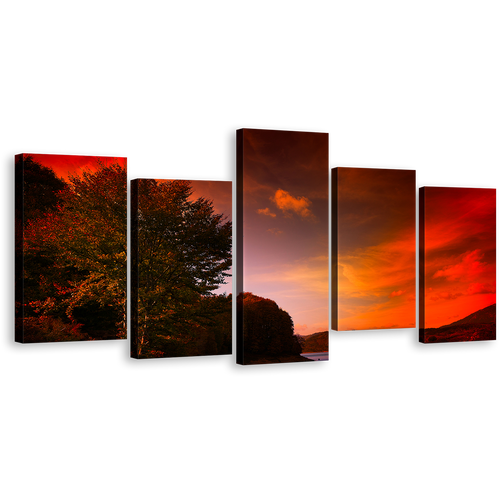 Mountain River Canvas Print, Green Trees Highlands Lake Landscape Wall Art, Dramatic Red Cloudy Sky 5 Piece Multi Canvas