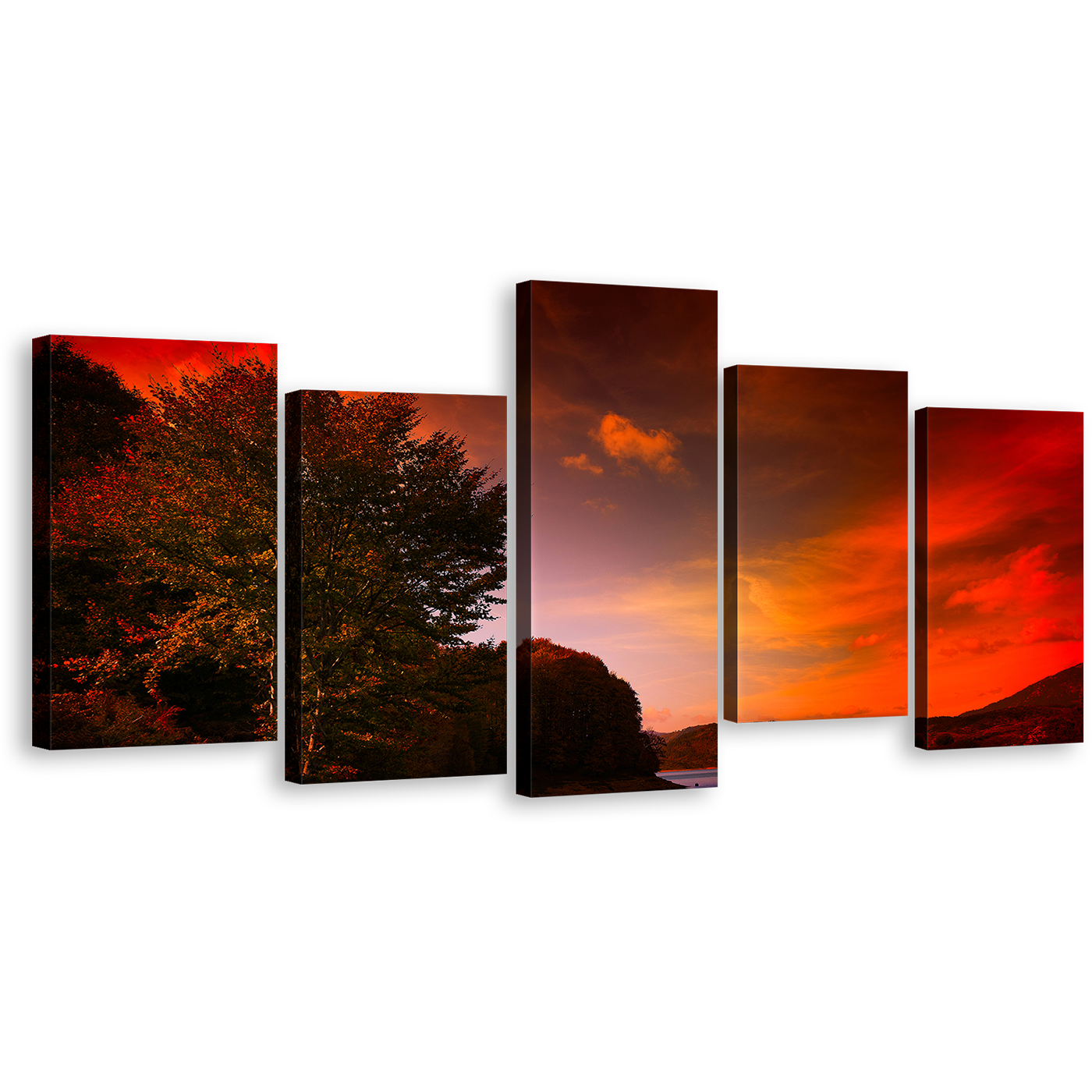 Mountain River Canvas Print, Green Trees Highlands Lake Landscape Wall Art, Dramatic Red Cloudy Sky 5 Piece Multi Canvas