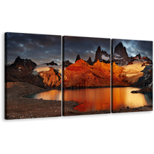 Load image into Gallery viewer, Mountain River Canvas Print, Grey Cloudy Sky Laguna de Los Trees 3 Piece Wall Art, Orange Mount Fitz Roy Multi Canvas
