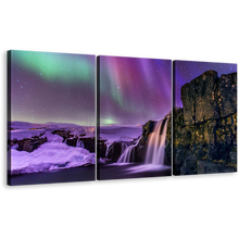 Load image into Gallery viewer, Mountain River Canvas Print, Kirkjufellsfoss Purple Waterfall 3 Piece Canvas Set, Amazing Northern Gold Mountain Wall Art
