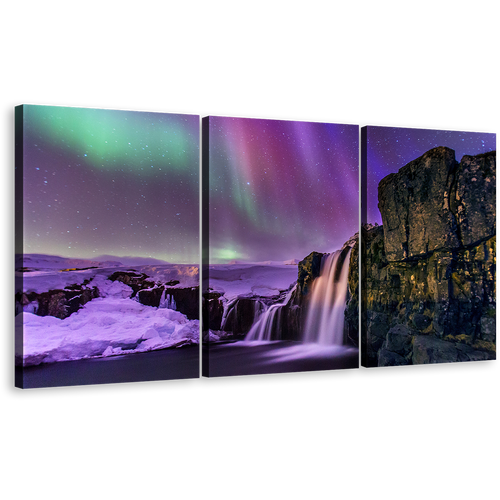 Mountain River Canvas Print, Kirkjufellsfoss Purple Waterfall 3 Piece Canvas Set, Amazing Northern Gold Mountain Wall Art