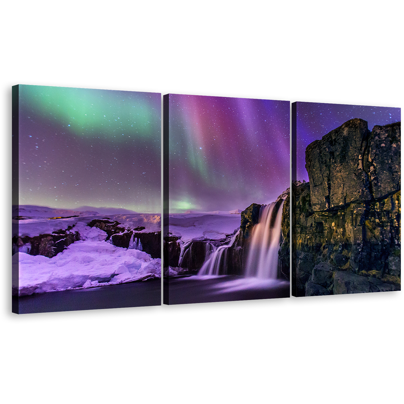 Mountain River Canvas Print, Kirkjufellsfoss Purple Waterfall 3 Piece Canvas Set, Amazing Northern Gold Mountain Wall Art