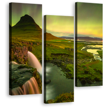 Load image into Gallery viewer, Mountain River Canvas Wall Art, Kirkjufell Iceland Northern Lights Canvas Print, Yellow Green Sky Waterfall 3 Piece Multi Canvas
