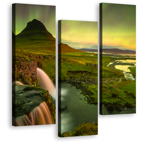 Mountain River Canvas Wall Art, Kirkjufell Iceland Northern Lights Canvas Print, Yellow Green Sky Waterfall 3 Piece Multi Canvas