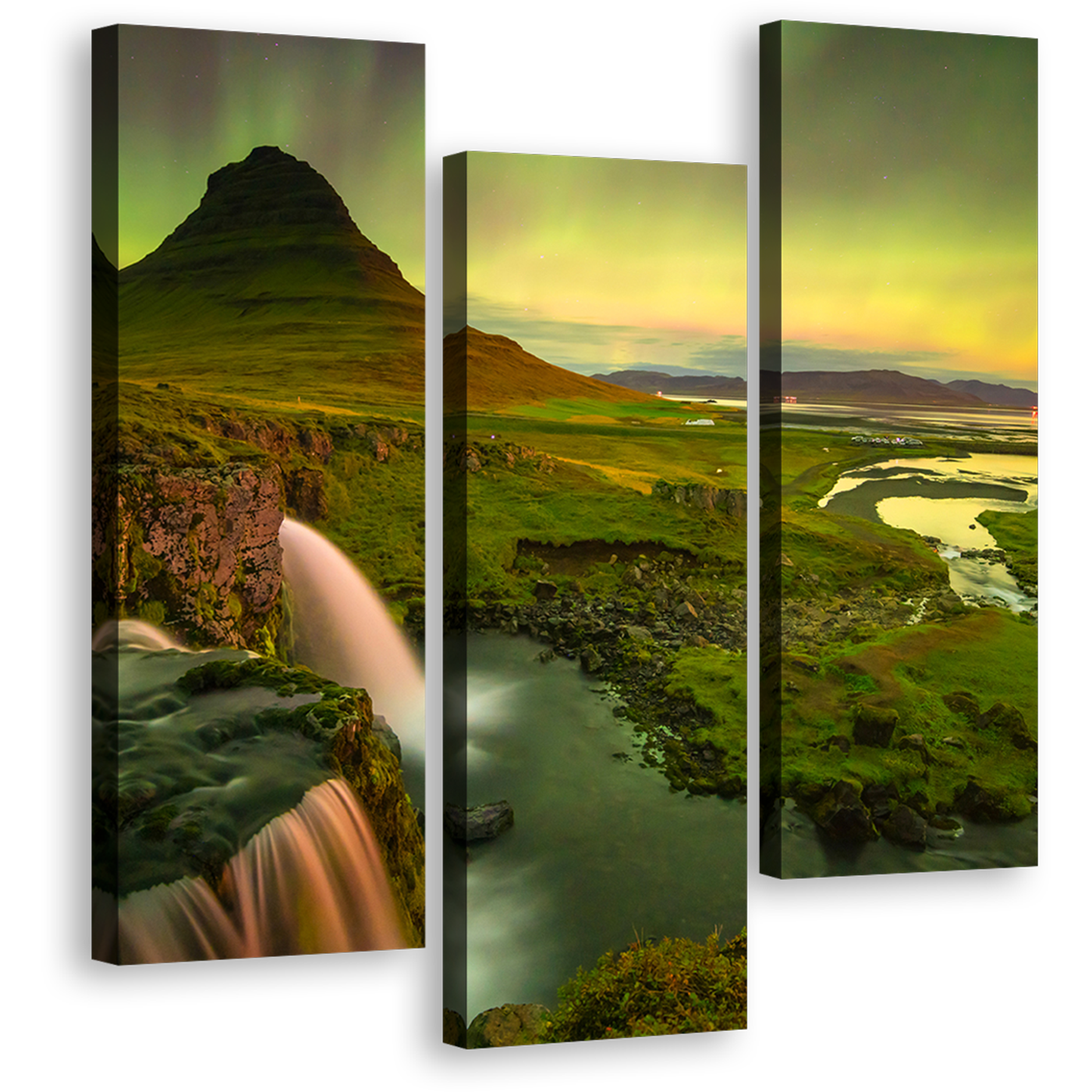 Mountain River Canvas Wall Art, Kirkjufell Iceland Northern Lights Canvas Print, Yellow Green Sky Waterfall 3 Piece Multi Canvas