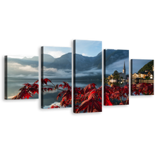 Load image into Gallery viewer, Mountain River Wall Art, Beautiful Austria Red Floral Harmony Canvas Set, Grey Hallstatt Landscape 5 Piece Canvas Print
