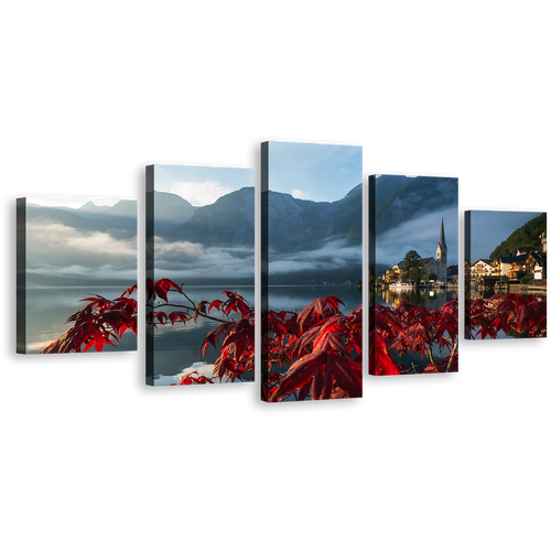 Mountain River Wall Art, Beautiful Austria Red Floral Harmony Canvas Set, Grey Hallstatt Landscape 5 Piece Canvas Print