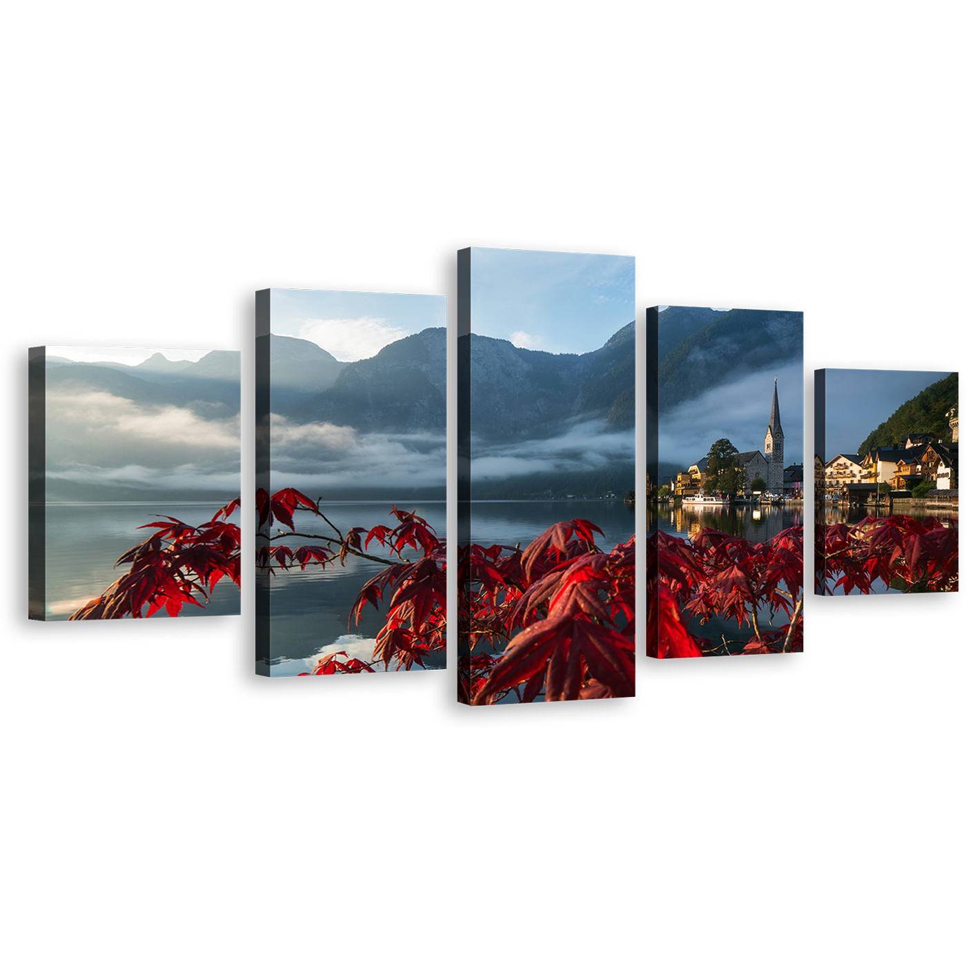 Mountain River Wall Art, Beautiful Austria Red Floral Harmony Canvas Set, Grey Hallstatt Landscape 5 Piece Canvas Print