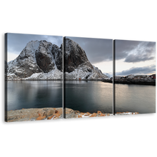 Load image into Gallery viewer, Mountain River Wall Art, Grey Lofoten Islands Canvas Print, White Hamnoy Harbor Cloudy Sky 3 Piece Multiple Canvas
