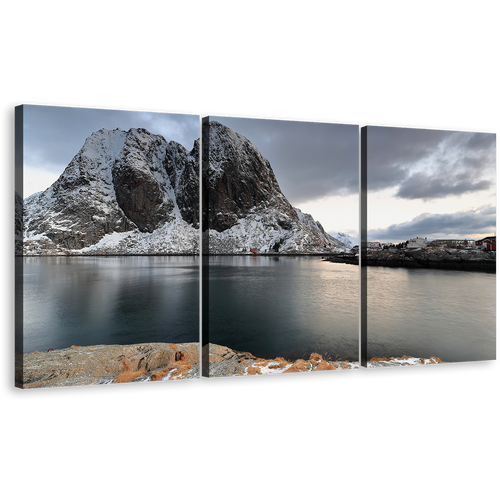 Mountain River Wall Art, Grey Lofoten Islands Canvas Print, White Hamnoy Harbor Cloudy Sky 3 Piece Multiple Canvas