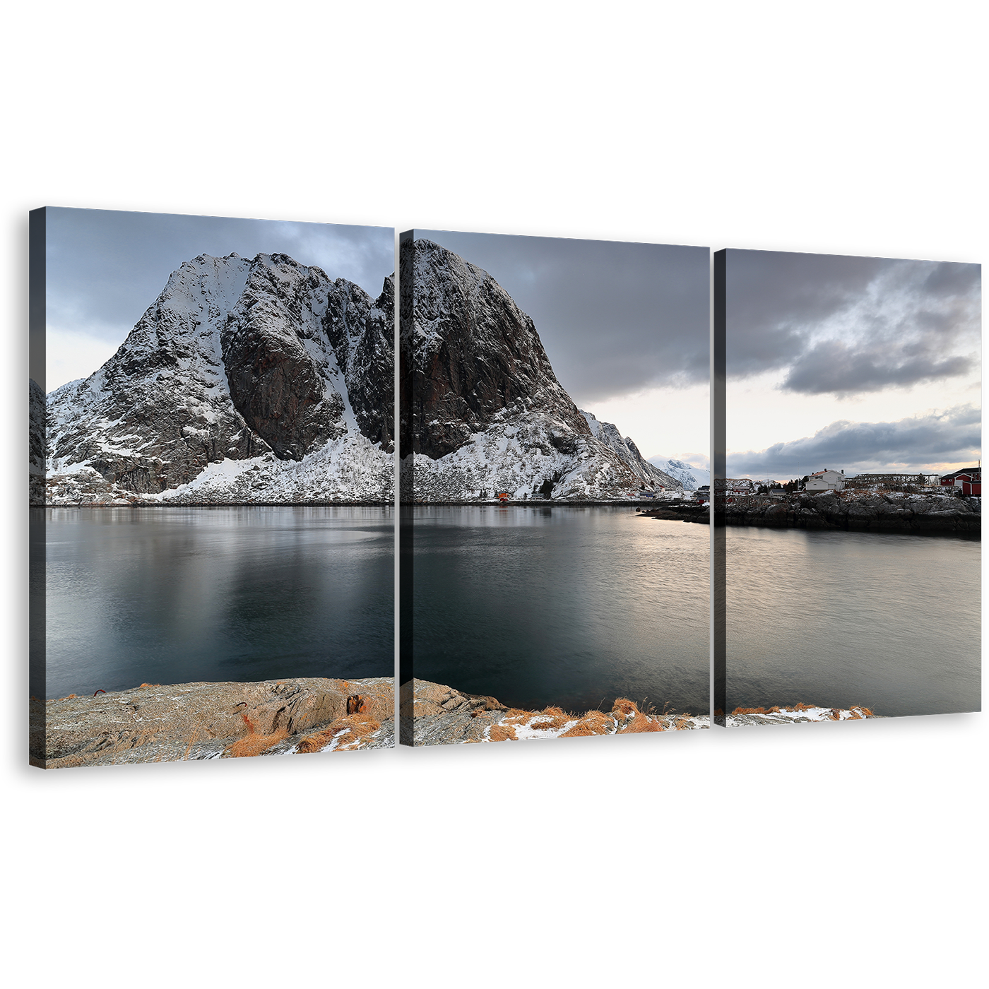 Mountain River Wall Art, Grey Lofoten Islands Canvas Print, White Hamnoy Harbor Cloudy Sky 3 Piece Multiple Canvas