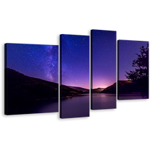 Load image into Gallery viewer, Mountain River Wall Art, Milky Way Purple Starry Night Canvas Print, Black Galaxy Mountain 4 Piece Multiple Canvas
