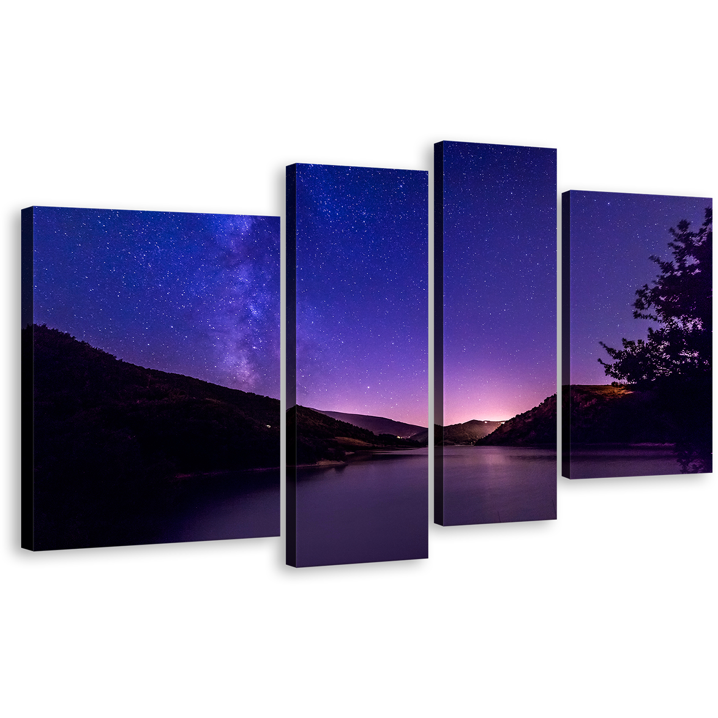 Mountain River Wall Art, Milky Way Purple Starry Night Canvas Print, Black Galaxy Mountain 4 Piece Multiple Canvas