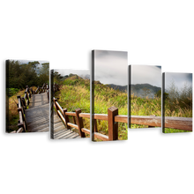 Load image into Gallery viewer, Mountain Scenery Canvas Print, Beautiful Grey Sky 5 Piece Wall Art, Green Grass Wooden Bridge Forest Canvas Set
