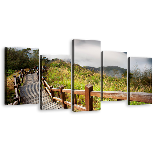 Mountain Scenery Canvas Print, Beautiful Grey Sky 5 Piece Wall Art, Green Grass Wooden Bridge Forest Canvas Set