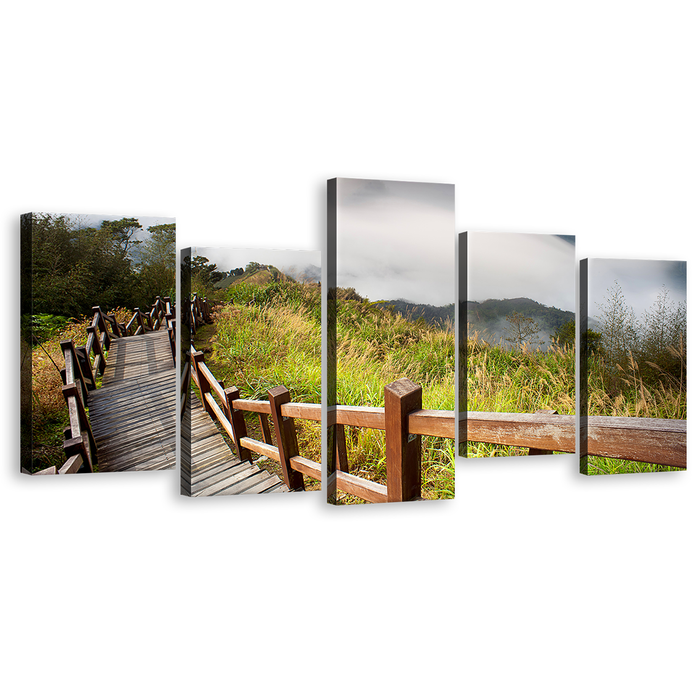 Mountain Scenery Canvas Print, Beautiful Grey Sky 5 Piece Wall Art, Green Grass Wooden Bridge Forest Canvas Set