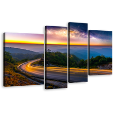 Load image into Gallery viewer, Mountain Scenery Canvas Print, Yellow Light Trail Landscape 4 Piece Canvas Wall Art, Blue Abstract Highway Mountain Canvas Set
