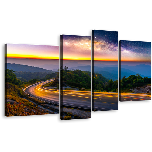 Mountain Scenery Canvas Print, Yellow Light Trail Landscape 4 Piece Canvas Wall Art, Blue Abstract Highway Mountain Canvas Set