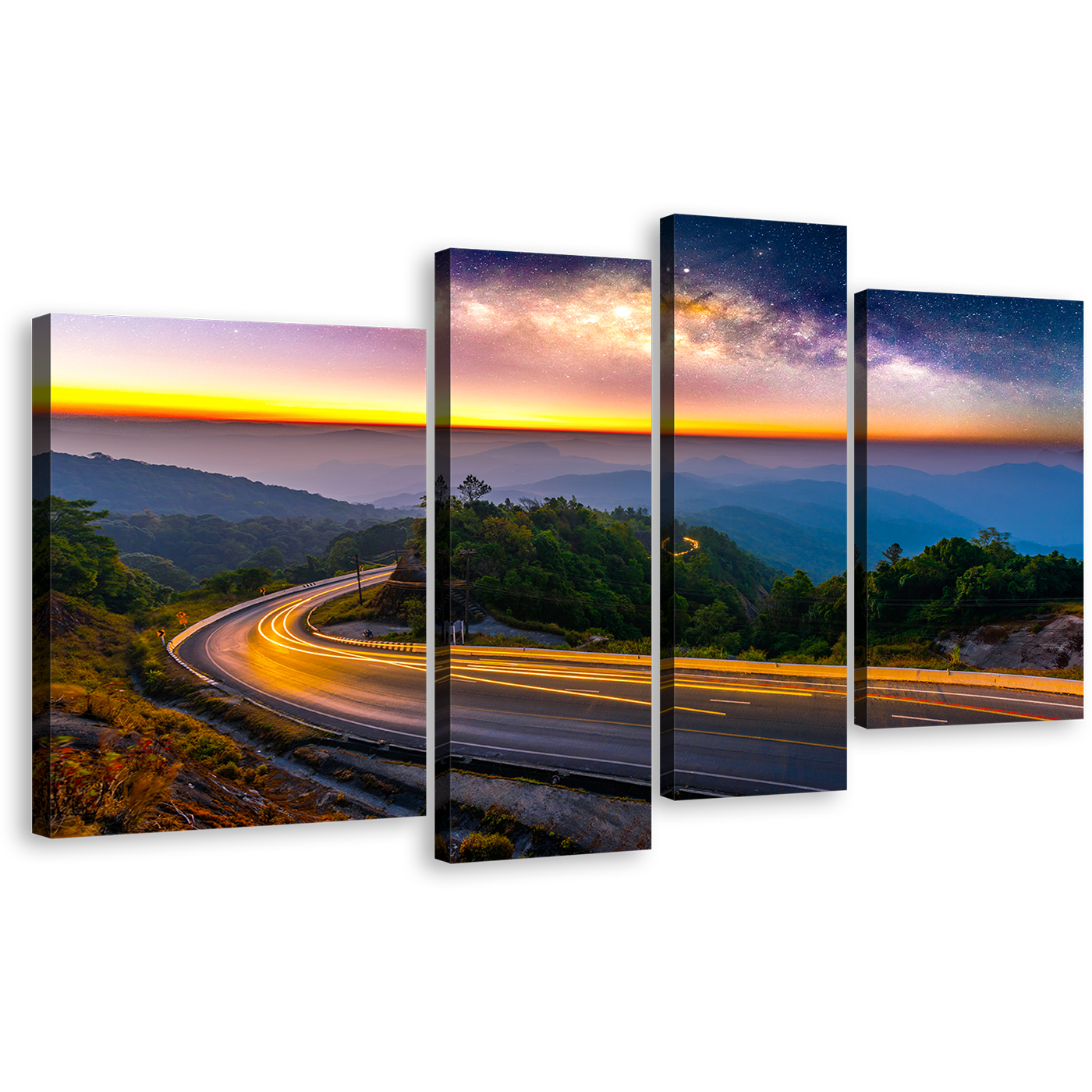 Mountain Scenery Canvas Print, Yellow Light Trail Landscape 4 Piece Canvas Wall Art, Blue Abstract Highway Mountain Canvas Set