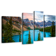 Load image into Gallery viewer, Mountain Scenery Canvas Wall Art, Canada Blue Moraine Lake 4 Piece Canvas Print, Green Banff National Park Multiple Canvas
