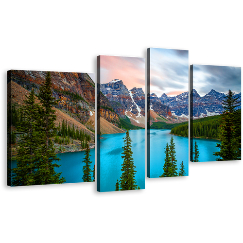 Mountain Scenery Canvas Wall Art, Canada Blue Moraine Lake 4 Piece Canvas Print, Green Banff National Park Multiple Canvas