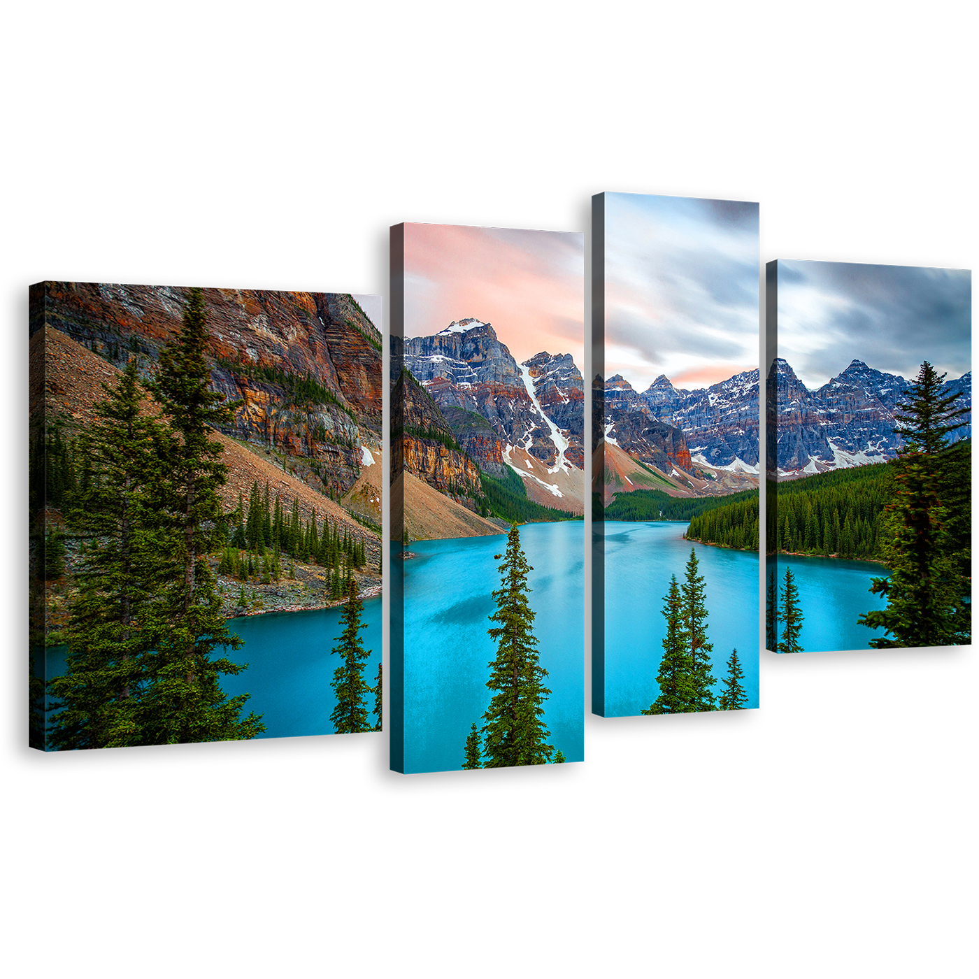 Mountain Scenery Canvas Wall Art, Canada Blue Moraine Lake 4 Piece Canvas Print, Green Banff National Park Multiple Canvas