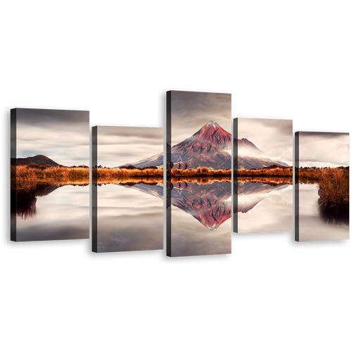 Mountain Scenery Canvas Wall Art, New Zealand White Mount Taranaki 5 Piece Multiple Canvas, Brown Mountain Canvas Print