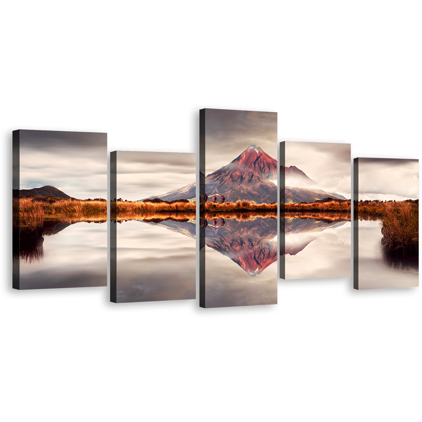 Mountain Scenery Canvas Wall Art, New Zealand White Mount Taranaki 5 Piece Multiple Canvas, Brown Mountain Canvas Print