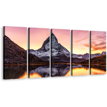 Load image into Gallery viewer, Mountain Scenery Canvas Wall Art, Switzerland Brown Swiss Landscape 5 Piece Canvas, Yellow Sunset  Riffelsee Lake Canvas Print
