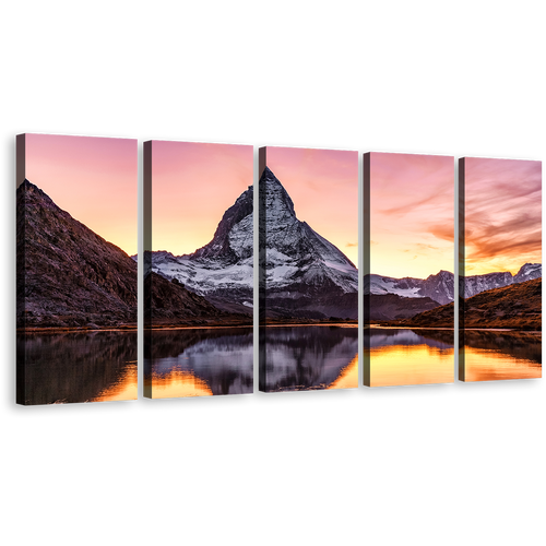 Mountain Scenery Canvas Wall Art, Switzerland Brown Swiss Landscape 5 Piece Canvas, Yellow Sunset  Riffelsee Lake Canvas Print