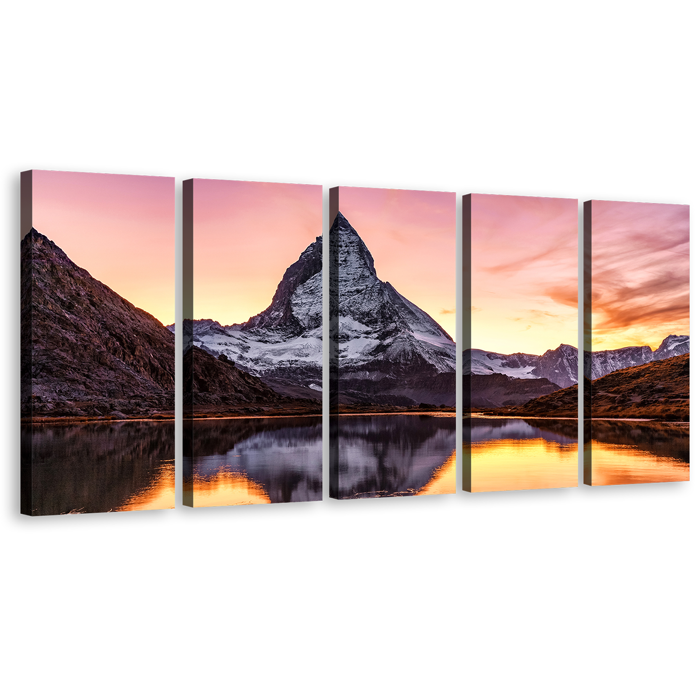 Mountain Scenery Canvas Wall Art, Switzerland Brown Swiss Landscape 5 Piece Canvas, Yellow Sunset  Riffelsee Lake Canvas Print