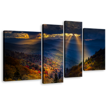 Load image into Gallery viewer, Mountain Scenery Wall Art, Yellow Sunbeams Cloudy Sky 4 Piece Canvas Print, Blue Smoky Trees Landscape Multi Canvas
