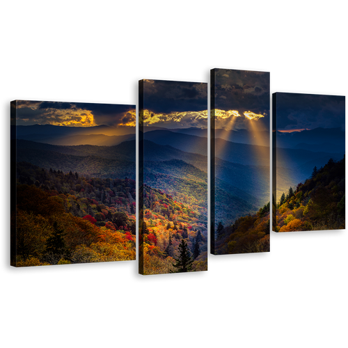 Mountain Scenery Wall Art, Yellow Sunbeams Cloudy Sky 4 Piece Canvas Print, Blue Smoky Trees Landscape Multi Canvas