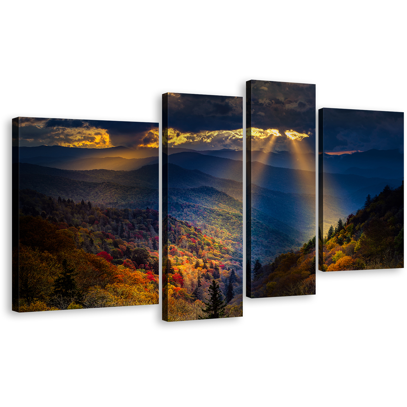 Mountain Scenery Wall Art, Yellow Sunbeams Cloudy Sky 4 Piece Canvas Print, Blue Smoky Trees Landscape Multi Canvas